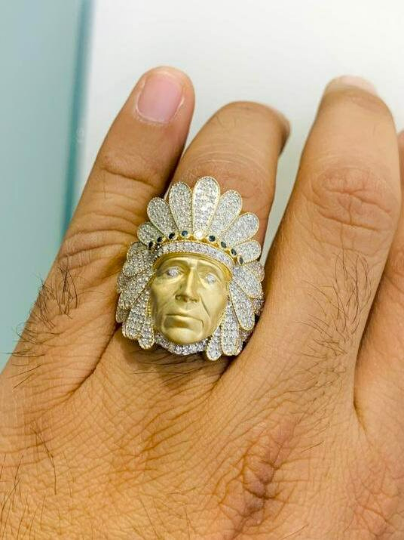 14K Solid Gold 1.40ctw Real Diamond "Native American" Men's Rings #10 Indian Head Ring