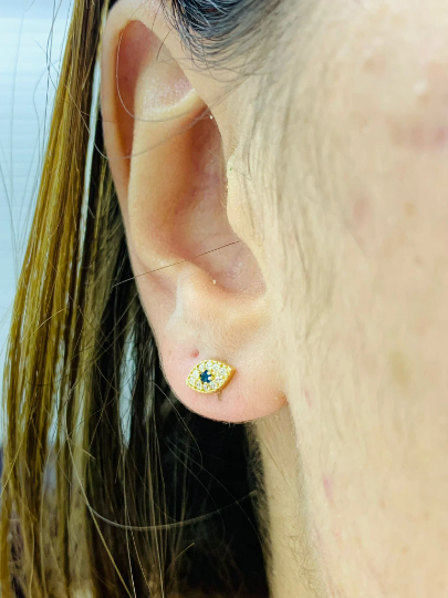 Evil Eye Earrings / Push Back Earrings / 14K Yellow Gold Earrings