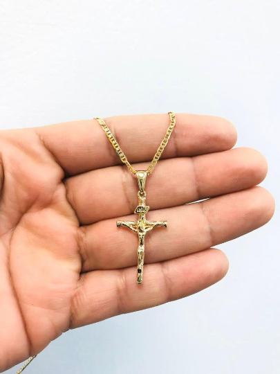 14K Gold Filled Cross Necklace for Men's 20" - Crucifix Pendant 33x18mm - Cross Pendant - Dije de Cruz - Mariner Link Chain 20"