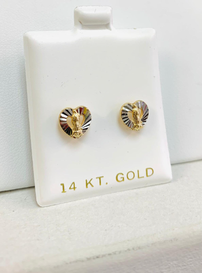 14K Yellow/White Gold Virgen de Guadalupe Heart Baby Earrings Screw Back Two Tone 8x8mm