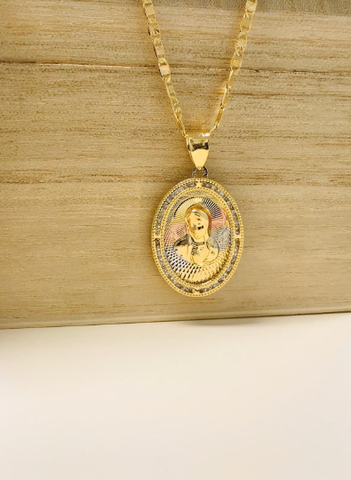 14K Gold Filled Virgin Mary Necklace Set 20", Tri-Color Pendant With CZ Diamond 28x20mm / Everyday Necklace/ Virgen Mary Pendant / Dije de la Virgen Maria