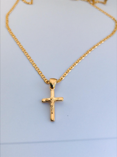 18K Gold Filled Cross Necklace, Mariner Link Chain, Flat Cross Pendants 19x11mm