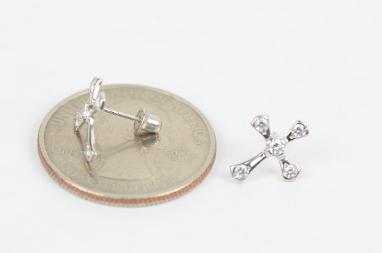 14K Yellow/White Gold Crucifix Earrings Screw Back, Cross Gold Earrings, CZ Stud Earrings