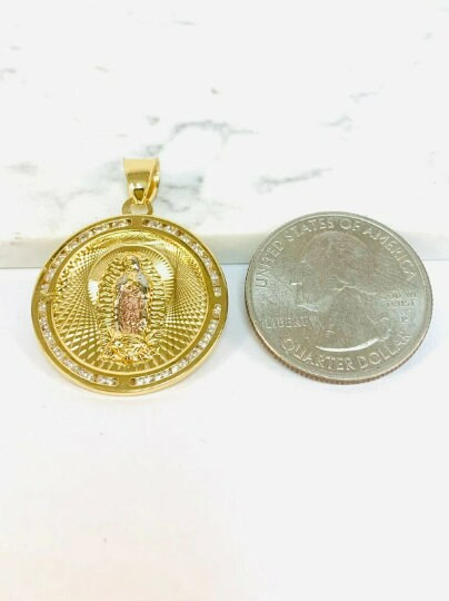 14K Gold Filled Virgen de Guadalupe Necklace Pendant 28x25 Valentino Chain.