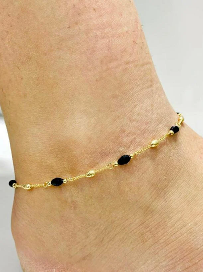 Dainty Black Beads Anklet Bracelet 10" in Gold Filled/ Women's Anklet Bracelet/Everyday Bracelet for Foot/ Gold Anklet Bracelet Womens Chain