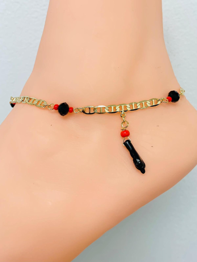 18K Gold Filled Azabache Hand Mariner Link Anklet Bracelet 10" Protection Jewelry / Azabache Bracelet / Anklets / Pulsera de Pie Para Mujer Oro Laminado / Tobilleras