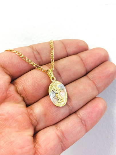 Divino Niño Necklace Pendant with Figaro Link Chain Gold Filled Dainty Tiny Necklace 20" Dije Tres Oros Del Divino Niño Baby Jesus Necklace 20x13mm