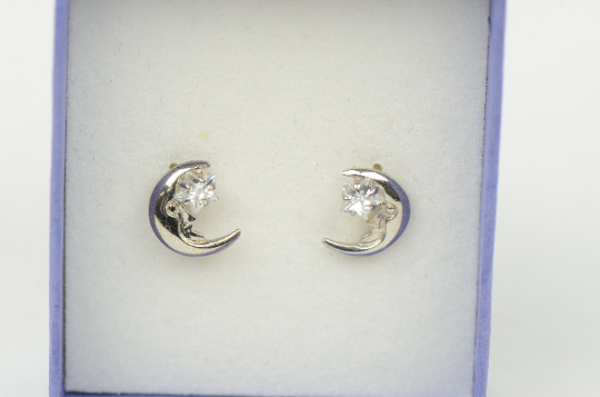 14K Yellow/White Gold Moon and Star Stud Earrings Screw Back