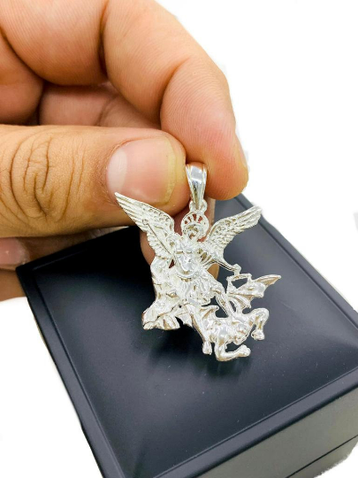 925 Sterling Silver Saint Michael Pendant Charm 35x27mm San Miguel Arcángel Dije