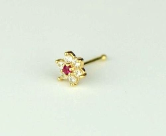14k Yellow/White Gold Flower Nose Bone Ring Piercing Stud Ruby and Diamond CZ Stones / Aretes de la Nariz de Flor en Oro Real 14K Para Mujer Zirconia Cubica
