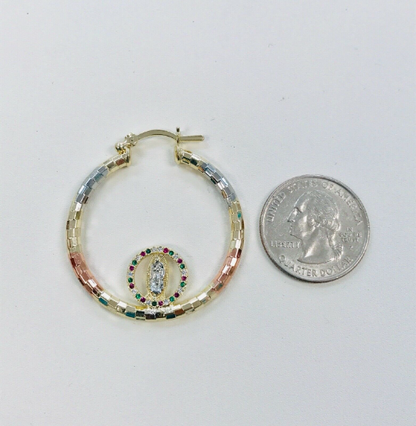 18k Real Gold Filled Tri-Color Virgen de Guadalupe Hoop Earrings 42x38mm