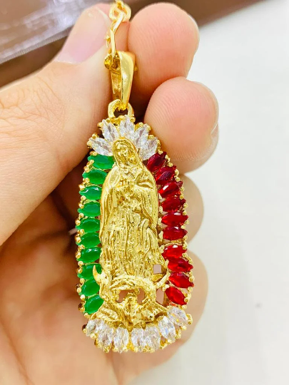14K Gold Filled All Yellow Virgen de Guadalupe Necklace Pendant 20