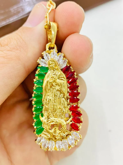 CZ Virgen de Guadalupe Necklace Mexican CZ Stones Pendant 44x20 in Gold Filled Guadalupe Charm Pendant Mariner Link Chain Dije de Guadalupe