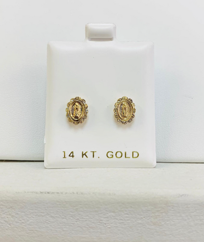 14K Gold Virgen de Guadalupe Baby Childrens Earrings Screw Back Diamond Cut 9x7mm