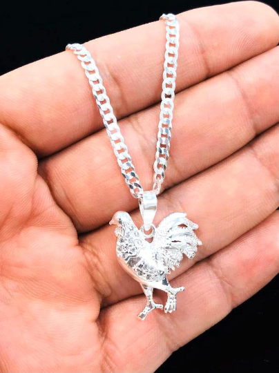 925 Sterling Silver Chicken Rooster Necklace, Rooster Pendant 26x22mm