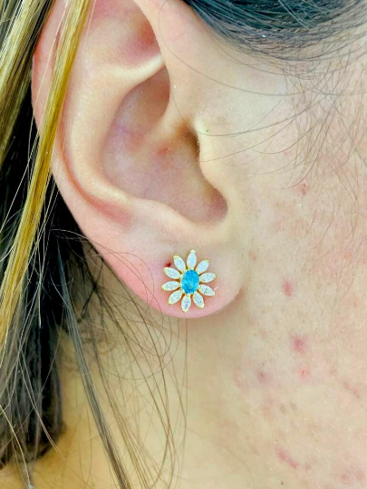 Dainty Birthstones Earrings Flower CZ Turquoise Stones 14K Yellow Gold Stud Earrings 10x10 for Womens Tiny Everyday Earrings Womens Jewelry