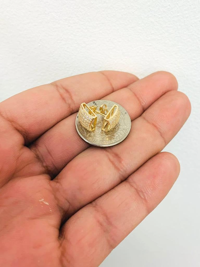 CZ Stud Gold Earrings Push Back / 10K Solid Yellow Gold Womens Earrings 9x9mm
