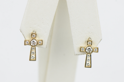 14K Solid Gold Cross Earrings CZ Stones Screw Back 11x7mm for Womens / Aretes de Cruz en Oro Solido Real para Mujer  / CZ Gold Cross Stud Earrings