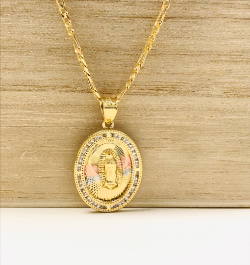 14K Gold Filled Virgen de Guadalupe Pendant Necklace 24x18mm CZ Stones Pendant / Dije de Guadalupe y Cadena Figaro Link