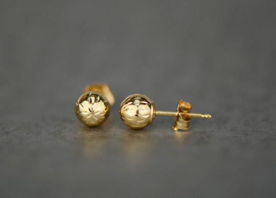 14k Yellow Real Gold Diamond Cut Ball Stud Earrings Push Back for Womens Kids Mens / Aretes de Bolitas Oro Solido