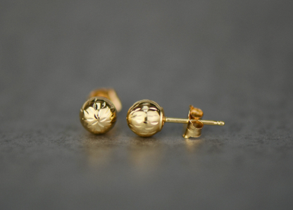 14k Yellow Real Gold Diamond Cut Ball Stud Earrings Push Back for Womens Kids Mens / Aretes de Bolitas Oro Solido