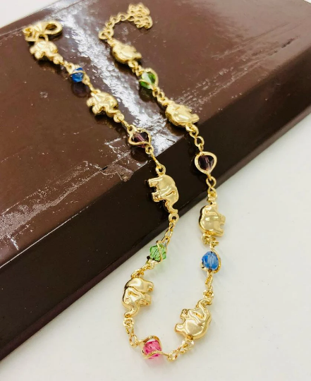 Elephant Multi Color Anklet Bracelet 10" in Gold Filled/ Elephant Bracelet for Foot / Womens Body Jewelry / Womens Jewelry / Pulsera de Pie