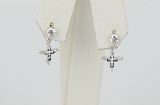 CZ Dangle Cross Earrings with Screw Back, Stud Earrings, in 14K Yellow/White Gold