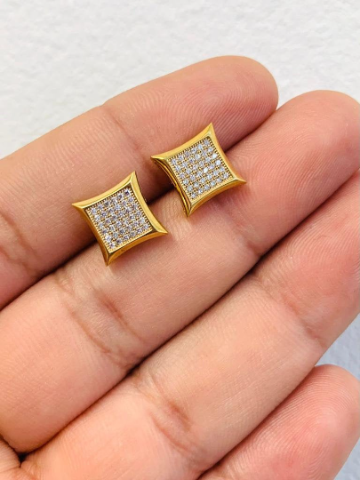 CZ Stud Earrings Solid Yellow Gold 10K 10.7x10.7mm  Length 9mm