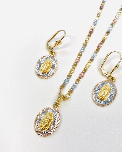 Set Virgen de Guadalupe Necklace and Earrings Tri Color Diamond Cut 20" / Virgin of Guadalupe Necklace/ Guadalupe Earrings / Cadena de la Guadalupe con Aretes