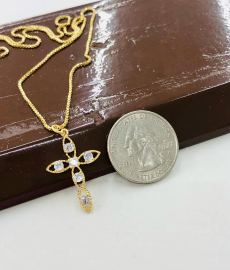 Women's CZ Cross Necklace Charm Pendant 27x18mm in Gold Filled Everyday Cross Necklace 18" Dainty Cross Pendant Box Link Chain Necklace