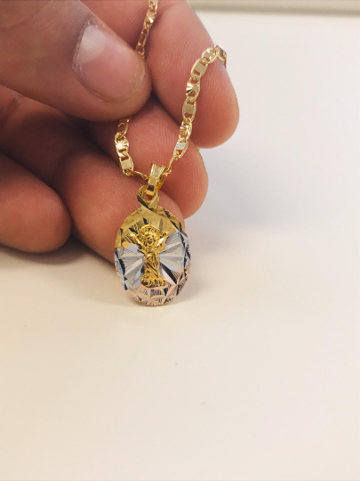 18K Gold Filled Tri-Color Divino Niño Necklace Catholic Pendant 20x13mm / Baby Jesus Necklace for Kids Womens / Cadena y Dije del Divino Nino Oro Laminado