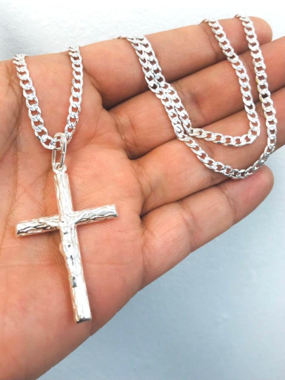 Men s Cross Necklace 24 Rustic Style Cross 925 Sterling Silver Cross Pendant