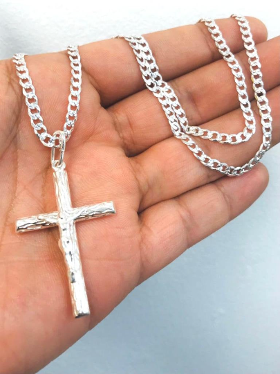 Men's Cross Necklace 24” Rustic Style Cross 925 Sterling Silver Cross Pendant