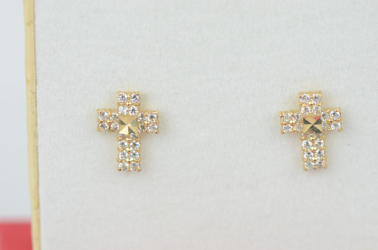 14K Yellow/White Gold CZ Cross Diamond Cut Stud Earrings