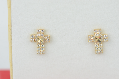 14K Yellow/White Gold CZ Cross Diamond Cut Stud Earrings