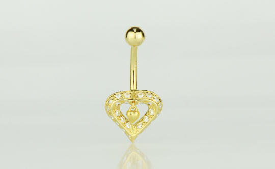 14K Yellow or White Real Gold CZ Dangle Heart Navel Belly Button Ring / Aretes para el Ombligo en Oro Solido Real de Corazón / Gold Body Jewelry / Womens Jewelry Piercing