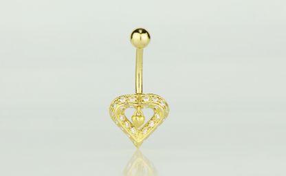 14K Yellow or White Real Gold CZ Dangle Heart Navel Belly Button Ring / Aretes para el Ombligo en Oro Solido Real de Corazón / Gold Body Jewelry / Womens Jewelry Piercing