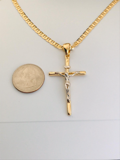 14K Gold Filled Big Cross Necklace Pendant Two Tone 48x28mm / Mens Cross Necklace / Cadena y Dije de Cruz