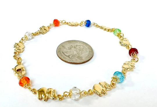 Pulsera de Pie en Oro Laminado para Mujer de Elefante/ Everyday Anklet Bracelet/Elephant Anklet bracelet 10"/Multicolor Stones/Foot Bracelet