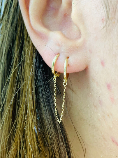 10K Yellow Gold Dainty Handcuff Earrings Double Piercing Huggies Hoop Earrings 11x11 Women's Ladies Hoop Chain Earrings Connected Earrings