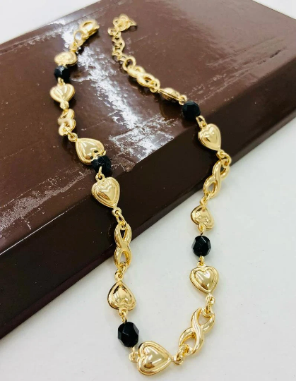 14K Yellow Gold Filled Heart Anklet Bracelet Black Stones 10"/Everyday Anklet Bracelet/Body Jewely/Womens Jewelry/Pulsera de Pie para Mujer