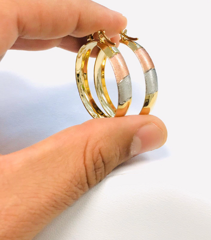 14K Gold Filled Tri-Color Hoop Earrings 1.5x1.3" Lever Back