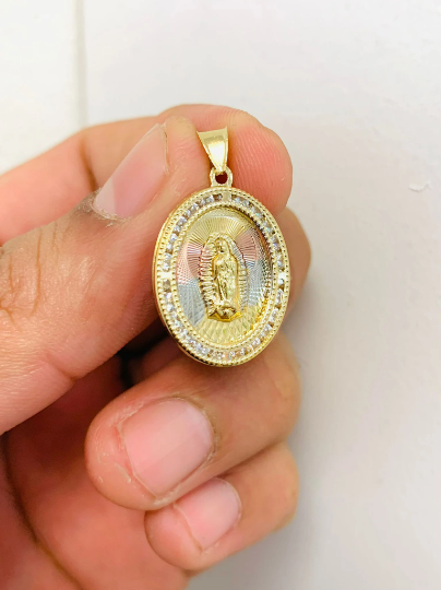 Virgen de Guadalupe Pendant With Stones Around and Diamond Cut Tri-Color Beautifully Made Looks Like Real Gold 24x18mm Medalla de Guadalupe