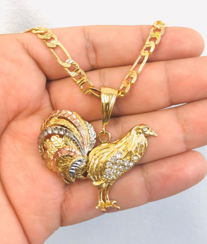 18K Gold Filled Chicken Rooster Necklace 24” Figaro Chain 33x45mm / Chicken Rooster Pendant Jewelry For Mens / Cadena y Dije de Gallo en OroHombre