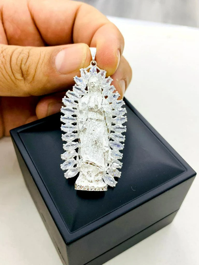 Virgen de Guadalupe Pendant CZ Sterling Silver Medalla de la Guadalupe Mens Womens Pendant