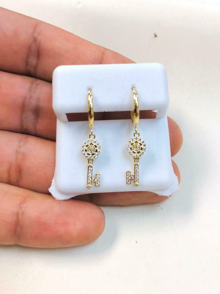 14k Yellow Gold Lock & Key CZ Dangle Drop Earrings 28x18mm