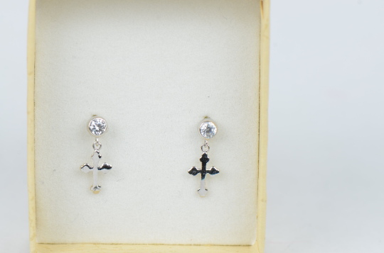 14K Yellow/White Gold CZ Beautiful Cross Dangle Earrings Screw Back Earrings