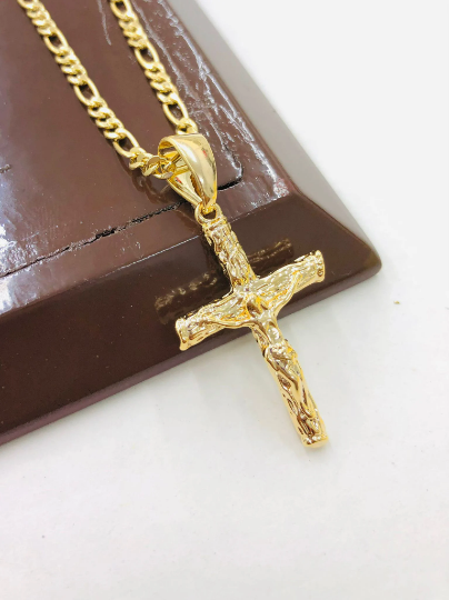 Rustic Cross Necklace for Mens Figaro Chain 36x23mm/Figaro Chain Necklace 24"/Mens Cross Necklace/Cadena y Dije de Cruz Oro para Hombre