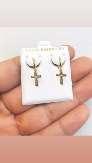 Cross Dangling Earrings / 10K Yellow Gold Jesus Cross Dangling Earrings