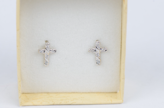 CZ Diamond Cross Stud Earrings, Cross Earrings Screw Back , 14K Yellow/White Gold